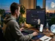 A man at his desk swapping Ethereum for MoonDog AI (MDOGAI) tokens on the Uniswap interface using a connected crypto wallet over the Base network.