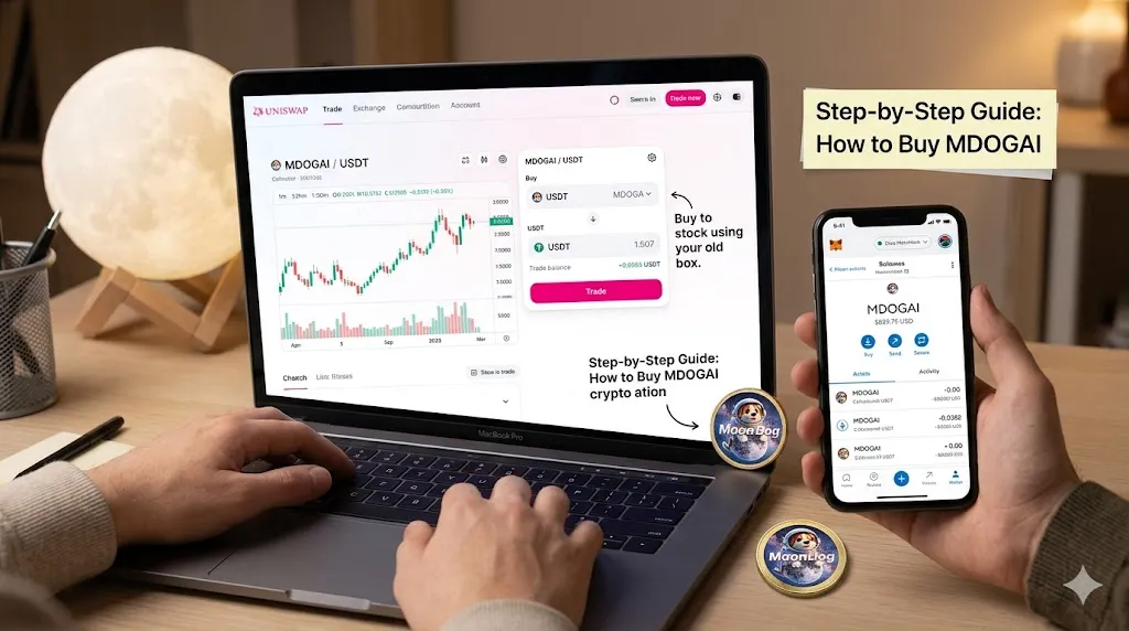 A person using a laptop and smartphone to buy MoonDog AI (MDOGAI) tokens on a cryptocurrency trading interface with MDOGAI chart and wallet details visible.