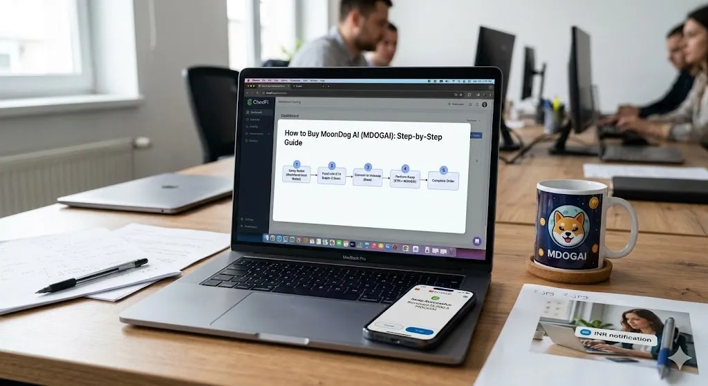 A laptop screen displaying a five-step flowchart for purchasing MoonDog AI (MDOGAI) cryptocurrency, set on a wooden office desk next to an MDOGAI branded coffee mug and a smartphone showing a transaction success screen.