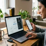 A young man sits at a wooden desk, looking at a laptop and holding a smartphone. Both screens display a clean, beginner-friendly cryptocurrency wallet interface showing an Ethereum balance. On the desk, there is a "Coffee & Crypto" mug, a notebook labeled "Crypto Notes," and a hardware wallet.