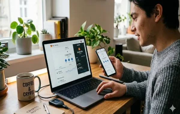 A young man sits at a wooden desk, looking at a laptop and holding a smartphone. Both screens display a clean, beginner-friendly cryptocurrency wallet interface showing an Ethereum balance. On the desk, there is a "Coffee & Crypto" mug, a notebook labeled "Crypto Notes," and a hardware wallet.