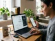 A young man sits at a wooden desk, looking at a laptop and holding a smartphone. Both screens display a clean, beginner-friendly cryptocurrency wallet interface showing an Ethereum balance. On the desk, there is a "Coffee & Crypto" mug, a notebook labeled "Crypto Notes," and a hardware wallet.