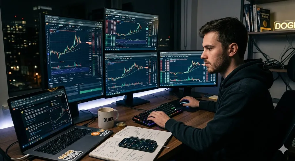 A man trading meme coins late at night at a multi-monitor desk setup, analyzing volatile crypto candlesticks and market charts.
