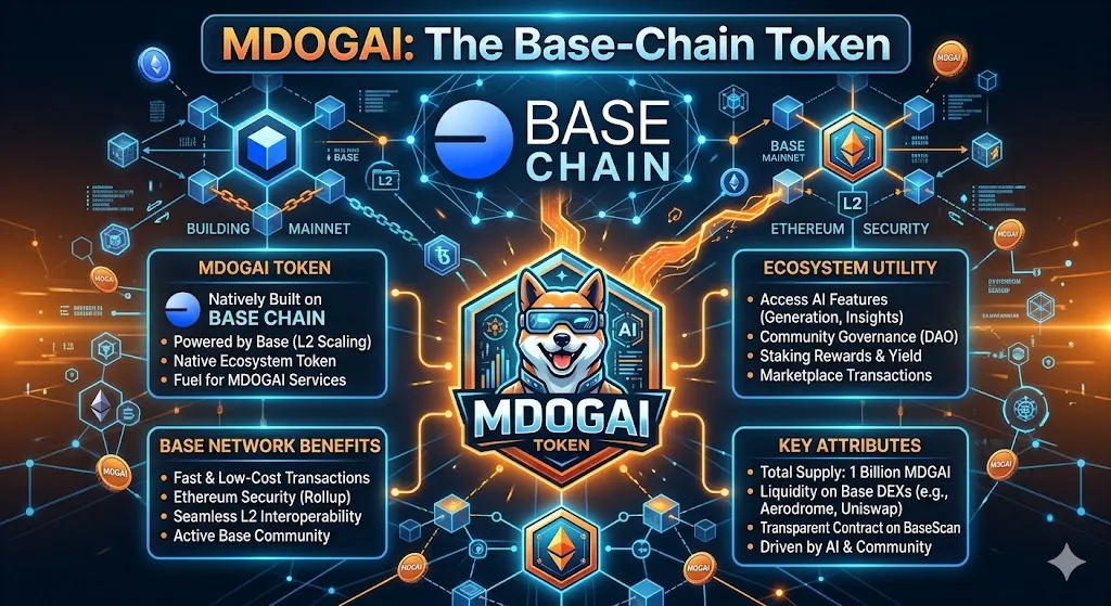 A detailed technological infographic titled "MDOGAI: The Base-Chain Token." The graphic features a vibrant neon blue and orange theme, centered around a futuristic cyber-dog mascot wearing high-tech visor glasses inside an emblem labeled "MDOGAI TOKEN." The background displays interconnected blockchain networks, Ethereum logos, and Base Chain branding. Four distinct information boxes detail the MDOGAI Token's native build on Base Chain, the network benefits like low-cost transactions, its ecosystem utility for accessing AI features and staking, and key attributes including a 1 billion token supply.