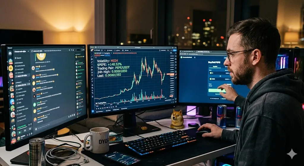 A man with glasses and a hoodie analyzing volatile crypto charts on a multi-monitor desk setup at night. The center screen shows a green candlestick chart for a meme coin trading pair ($PEPE/USDT) marked "Volatility: HIGH," while the left screen displays a crypto Discord community channel. A small Doge figurine, a "DYOR" coffee mug, and energy drinks sit on the desk.