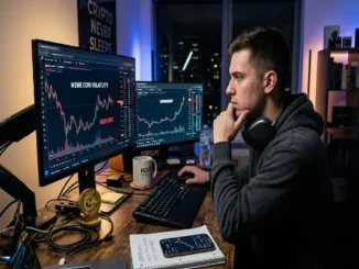 A young man sits at a desk in a dark room analyzing volatile cryptocurrency charts on dual monitors, featuring texts like "MEME COIN VOLATILITY" and "HIGH RISK," with a Dogecoin figurine on the desk.