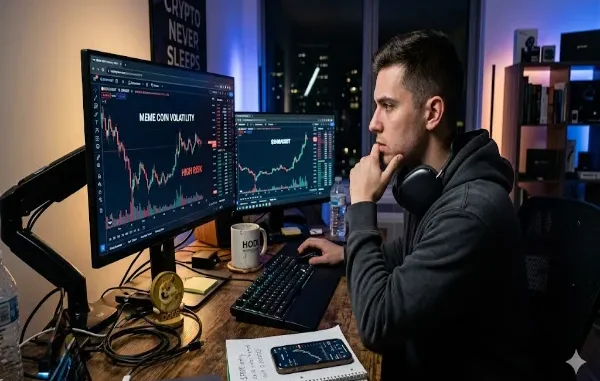 A young man sits at a desk in a dark room analyzing volatile cryptocurrency charts on dual monitors, featuring texts like "MEME COIN VOLATILITY" and "HIGH RISK," with a Dogecoin figurine on the desk.