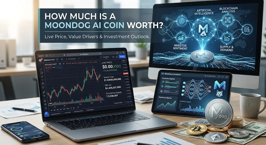 A high-tech digital finance dashboard setup for analyzing MoonDog AI (MDOGAI) cryptocurrency, including a main monitor with a data network, a laptop displaying trading charts, and a tablet showing predictive analytics. Physical coins and cash are in the foreground. The headline asks, 'How Much Is A MoonDog AI Coin Worth?'