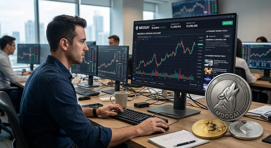 A male cryptocurrency trader sitting at a desk in a modern office, analyzing a live MoonDog AI (MDOGAI) price chart and market cap metrics on a large computer monitor. In the foreground, a metallic physical coin engraved with a wolf and the text "MoonDog AI MDOGAI" sits next to physical Bitcoin and Ethereum tokens, a notepad, and a coffee mug.
