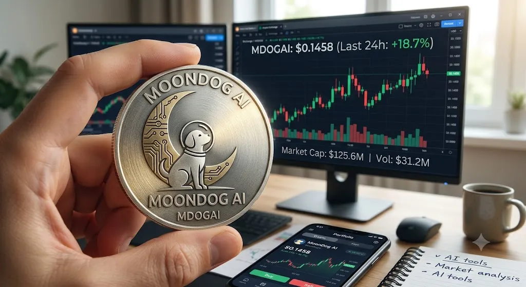 Close-up of a hand holding a physical, silver and gold-toned "MoonDog AI" cryptocurrency token featuring a dog in an astronaut helmet on a crescent moon. In the blurred background, a computer monitor displays a green candlestick price chart for MDOGAI with a simulated market cap and positive 24-hour return, alongside a smartphone displaying a matching crypto portfolio app.