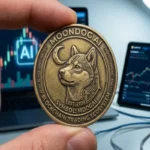 A close-up shot of a hand holding a gold MoonDog AI physical crypto coin featuring a Shiba Inu dog with robotic circuit patterns and a crescent moon. In the blurred background, a laptop and tablet display live cryptocurrency trading charts and market indicators.