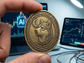 A close-up shot of a hand holding a gold MoonDog AI physical crypto coin featuring a Shiba Inu dog with robotic circuit patterns and a crescent moon. In the blurred background, a laptop and tablet display live cryptocurrency trading charts and market indicators.