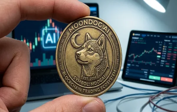 A close-up shot of a hand holding a gold MoonDog AI physical crypto coin featuring a Shiba Inu dog with robotic circuit patterns and a crescent moon. In the blurred background, a laptop and tablet display live cryptocurrency trading charts and market indicators.