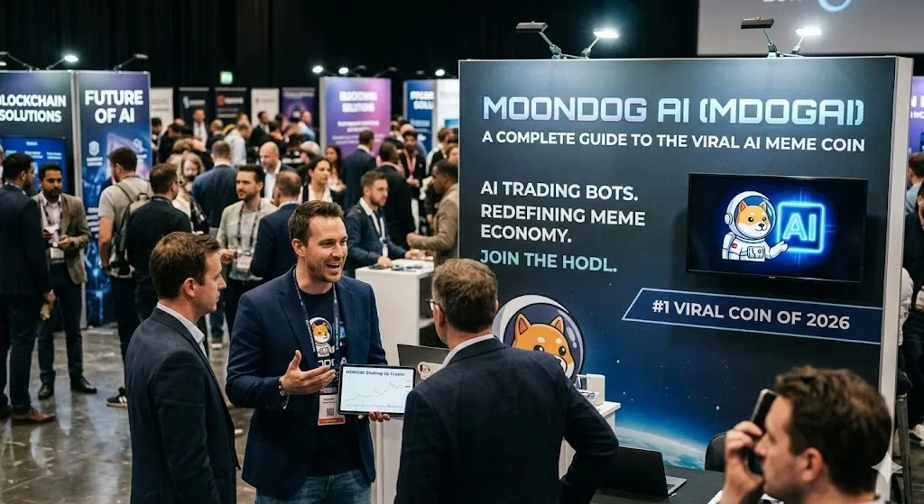 A crowded cryptocurrency and tech convention booth featuring a large promotional backdrop for Moondog AI (MDOGAI). The banner reads, "Moondog AI (MDOGAI): A Complete Guide to the Viral AI Meme Coin," "AI Trading Bots. Redefining Meme Economy. Join the HODL," and "#1 Viral Coin of 2026." Attendees in professional attire are talking, with one presenter holding up a tablet displaying a crypto price chart, and a screen in the background showing a Shiba Inu dog cartoon mascot in an astronaut suit next to an "AI" logo.