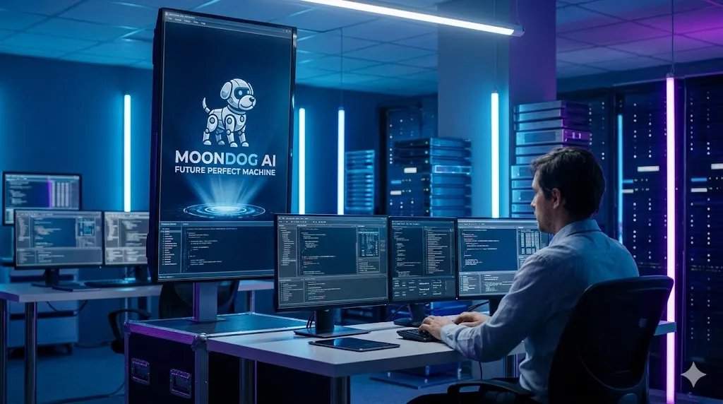 A cryptocurrency developer at a multi-monitor trading desk looking at a large vertical display showing the Moondog AI (MDOGAI) robotic dog logo and the slogan Future Perfect Machine in a neon blue and purple server room.