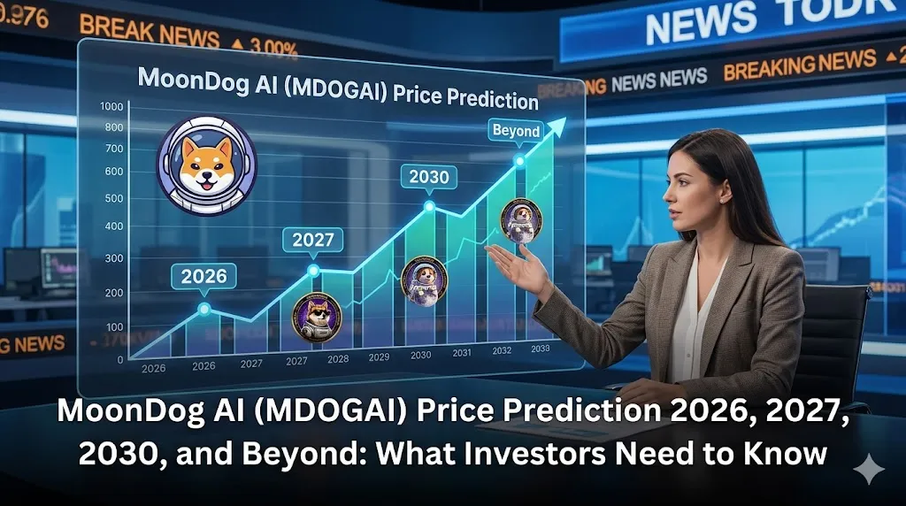 A news anchor pointing to a digital glass screen displaying a MoonDog AI (MDOGAI) price prediction growth chart with timeline markers for 2026, 2027, 2030, and beyond.