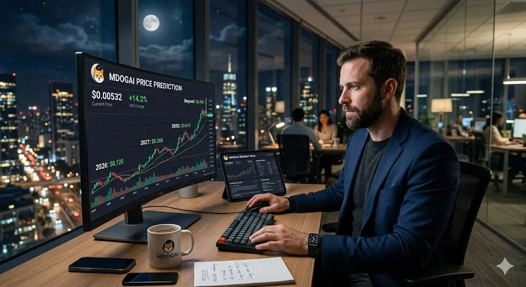 An investor analyzes the MoonDog AI (MDOGAI) crypto price chart on a desktop monitor in a modern office at night, showing upward growth trends and targets for 2026, 2027, and 2030.