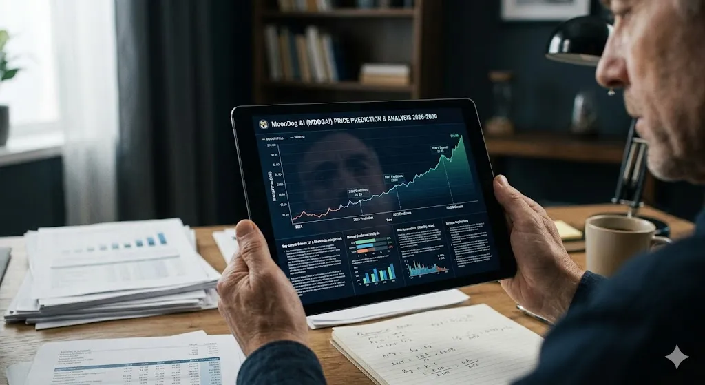 An investor analyzing a bullish MoonDog AI (MDOGAI) price prediction and market analysis chart on a tablet display from 2026 to 2030 in an office setting.