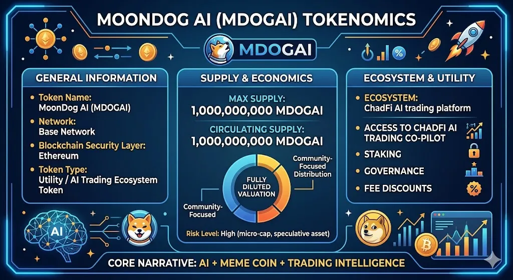 An infographic detailing the tokenomics of MoonDog AI (MDOGAI). The graphic is divided into three main sections on a dark blue, futuristic cyber-themed background featuring neon blue borders, a Shiba Inu meme dog in an astronaut helmet, and digital brain icons.