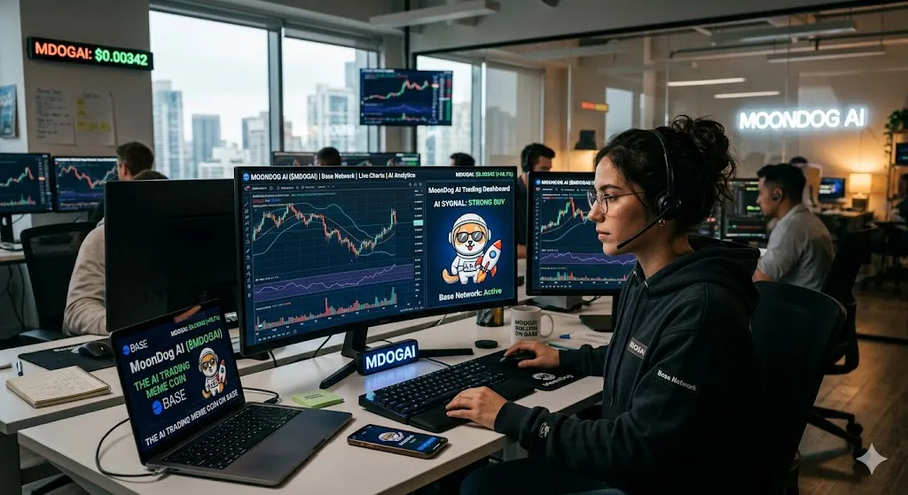 A female crypto trader wearing a headset looks at a desktop monitor displaying the MoonDog AI ($MDOGAI) trading dashboard with live charts, an AI strong buy signal, and a shiba inu astronaut mascot on the Base Network.