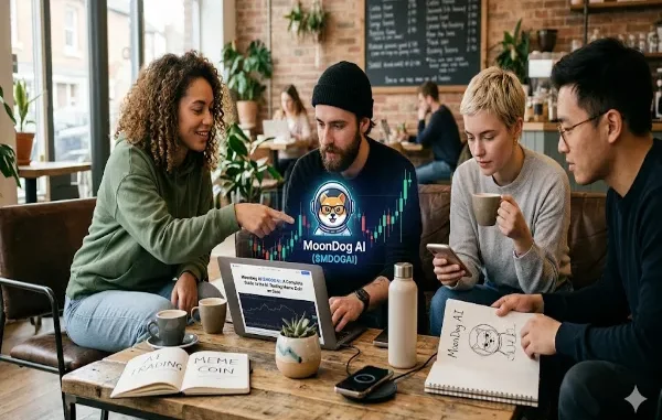 Traders collaborating in a cafe to analyze market trends using the MoonDog AI ($MDOGAI) ecosystem on Base.