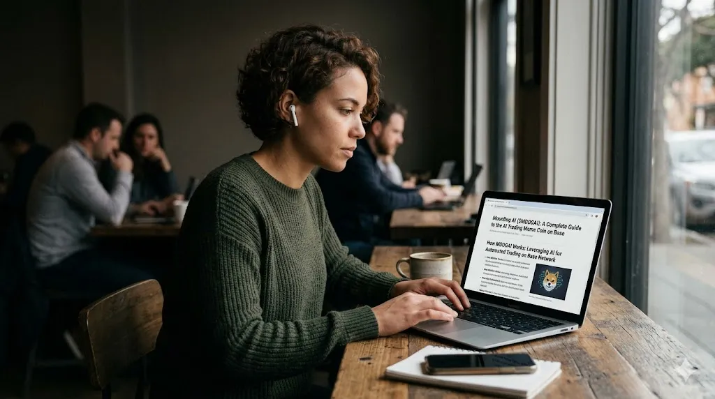 A woman with curly hair wearing wireless earbuds sits at a café table, reading an article titled "MoonDog AI ($MDOGAI): A Complete Guide to the AI Trading Meme Coin on Base" on her laptop.