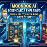 Futuristic neon article cover titled "MoonDog AI Tokenomics Explained: Supply, Utility, Price & Risks (2026 Guide)". Features a Shiba Inu character in a high-tech space suit next to a glowing crescent moon, overlooking a digital cyber city. Four holographic dashboard panels display infographics for "Supply" (1B max fixed chart), "Utility" (AI trading and governance diagram), "Price" (market valuation charts and a rocket), and "Risks" (volatility and regulatory warnings).
