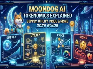 Futuristic neon article cover titled "MoonDog AI Tokenomics Explained: Supply, Utility, Price & Risks (2026 Guide)". Features a Shiba Inu character in a high-tech space suit next to a glowing crescent moon, overlooking a digital cyber city. Four holographic dashboard panels display infographics for "Supply" (1B max fixed chart), "Utility" (AI trading and governance diagram), "Price" (market valuation charts and a rocket), and "Risks" (volatility and regulatory warnings).