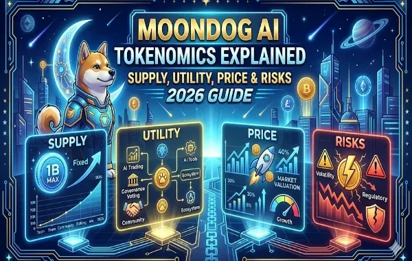 Futuristic neon article cover titled "MoonDog AI Tokenomics Explained: Supply, Utility, Price & Risks (2026 Guide)". Features a Shiba Inu character in a high-tech space suit next to a glowing crescent moon, overlooking a digital cyber city. Four holographic dashboard panels display infographics for "Supply" (1B max fixed chart), "Utility" (AI trading and governance diagram), "Price" (market valuation charts and a rocket), and "Risks" (volatility and regulatory warnings).