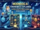 Futuristic neon article cover titled "MoonDog AI Tokenomics Explained: Supply, Utility, Price & Risks (2026 Guide)". Features a Shiba Inu character in a high-tech space suit next to a glowing crescent moon, overlooking a digital cyber city. Four holographic dashboard panels display infographics for "Supply" (1B max fixed chart), "Utility" (AI trading and governance diagram), "Price" (market valuation charts and a rocket), and "Risks" (volatility and regulatory warnings).