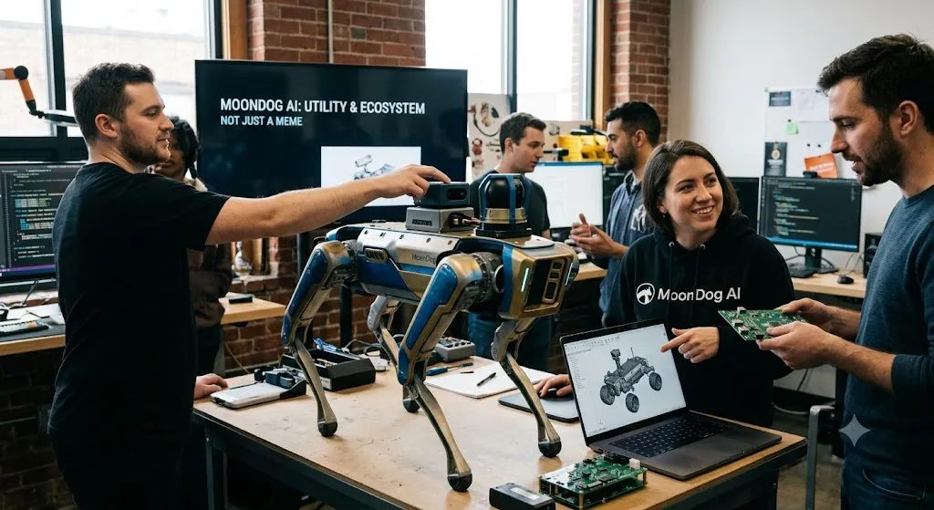 A realistic workshop environment where a diverse team of engineers and developers are collaborating around a robotic quadruped dog. A laptop displays a 3D CAD design of the robot, while a woman in a black "MoonDog AI" hoodie points to the screen. In the background, a large monitor reads "MOONDOG AI: UTILITY & ECOSYSTEM - NOT JUST A MEME," highlighting the tangible technology behind the project.