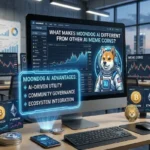 A realistic modern office desk featuring a computer monitor displaying a crypto analysis dashboard with the text 'What Makes MoonDog AI Different From Other AI Meme Coins?'. The screen highlights a Shiba Inu dog in a futuristic astronaut suit next to key advantages like AI-driven utility and community governance.
