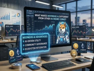 A realistic modern office desk featuring a computer monitor displaying a crypto analysis dashboard with the text 'What Makes MoonDog AI Different From Other AI Meme Coins?'. The screen highlights a Shiba Inu dog in a futuristic astronaut suit next to key advantages like AI-driven utility and community governance.