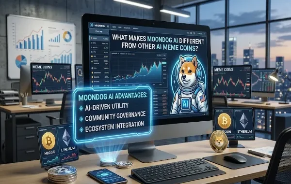A realistic modern office desk featuring a computer monitor displaying a crypto analysis dashboard with the text 'What Makes MoonDog AI Different From Other AI Meme Coins?'. The screen highlights a Shiba Inu dog in a futuristic astronaut suit next to key advantages like AI-driven utility and community governance.