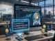 A realistic modern office desk featuring a computer monitor displaying a crypto analysis dashboard with the text 'What Makes MoonDog AI Different From Other AI Meme Coins?'. The screen highlights a Shiba Inu dog in a futuristic astronaut suit next to key advantages like AI-driven utility and community governance.