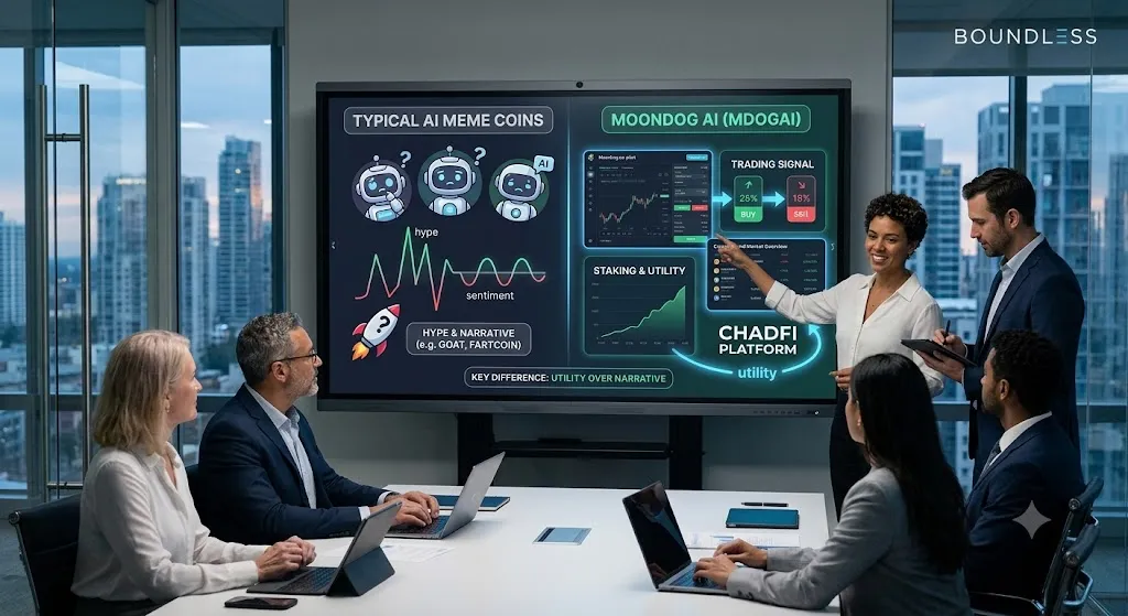 An infographic on a large office screen presented during a meeting compares "Typical AI Meme Coins" with "MoonDog AI (MDOGAI)." On the left, cartoon robots with question marks and erratic "hype" and "sentiment" lines represent competitors like GOAT and Fartcoin under "Hype & Narrative." The right side shows "MoonDog AI" with analytical interfaces, green charts labeled "Trading Signal," "Buy," and "Staking & Utility," connected to the "ChadFi Platform" and labeled "Utility," indicating a shift from narrative-based hype to functional features.