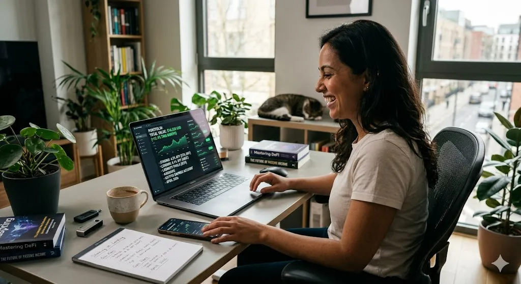 A smiling woman sitting at a bright home office desk, tracking her cryptocurrency passive income portfolio, staking rewards, and DeFi yields on a laptop dashboard.