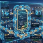 A 5-step futuristic infographic diagram illustrating how a blockchain smart contract automates a property sale between a buyer and a seller using Ethereum (ETH).