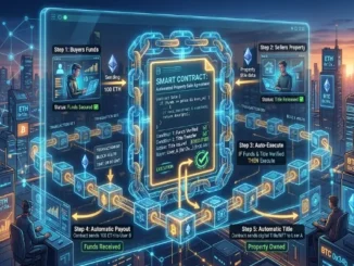 A 5-step futuristic infographic diagram illustrating how a blockchain smart contract automates a property sale between a buyer and a seller using Ethereum (ETH).