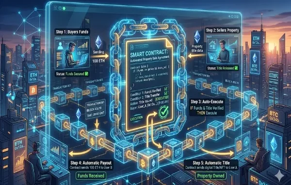 A 5-step futuristic infographic diagram illustrating how a blockchain smart contract automates a property sale between a buyer and a seller using Ethereum (ETH).