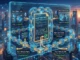 A 5-step futuristic infographic diagram illustrating how a blockchain smart contract automates a property sale between a buyer and a seller using Ethereum (ETH).