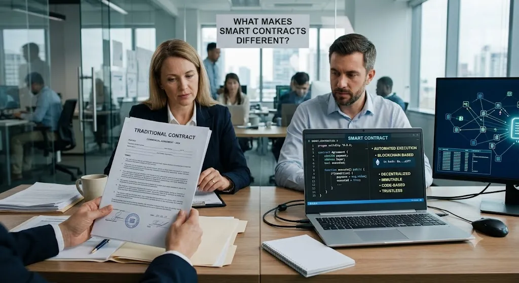 A realistic split-view comparison inside a modern office. On the left, a person holds a printed paper "Traditional Contract" complete with ink signatures, while a colleague looks over it. On the right, a laptop displays a "Smart Contract" written in Solidity code alongside key features like Automated Execution, Decentralized, and Immutable, next to a monitor displaying a blockchain network visualization.