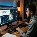 A man in a grey hoodie sits at a wooden desk at night, analyzing cryptocurrency charts and an article titled 'What Is a Meme Coin? The Complete Guide' on a large computer monitor. An illustration of a Dogecoin-style Shiba Inu in an astronaut suit overlays the financial graphs.