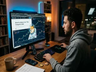 A man in a grey hoodie sits at a wooden desk at night, analyzing cryptocurrency charts and an article titled 'What Is a Meme Coin? The Complete Guide' on a large computer monitor. An illustration of a Dogecoin-style Shiba Inu in an astronaut suit overlays the financial graphs.
