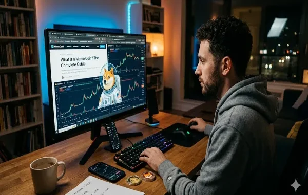 A man in a grey hoodie sits at a wooden desk at night, analyzing cryptocurrency charts and an article titled 'What Is a Meme Coin? The Complete Guide' on a large computer monitor. An illustration of a Dogecoin-style Shiba Inu in an astronaut suit overlays the financial graphs.