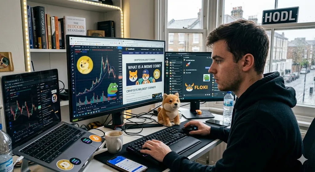A crypto trader at a multi-monitor desk setup analyzing meme coin price charts featuring Dogecoin and Pepe, with a Shiba Inu plushie on the desk and a "HODL" sign in the window.