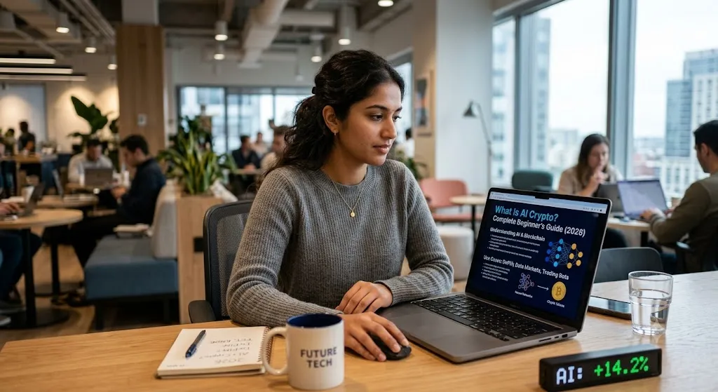 A realistic photograph of a young woman working on her laptop in a modern, bustling co-working space. Her laptop screen displays an article titled "What Is AI Crypto? Complete Beginner's Guide (2026)" alongside complex diagrams illustrating blockchain nodes and neural networks. On her wooden desk sits a coffee mug that reads "FUTURE TECH," a notebook with handwritten notes, and a digital desk clock showing a green market uptick that reads "AI: +14.2%." The background shows other professionals working near large windows overlooking a city.