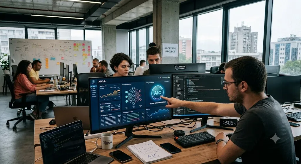 A software developer points to a computer screen displaying an AI Coin dashboard with neural network diagrams, cryptocurrency charts, and data analytics in a bustling open-plan office.