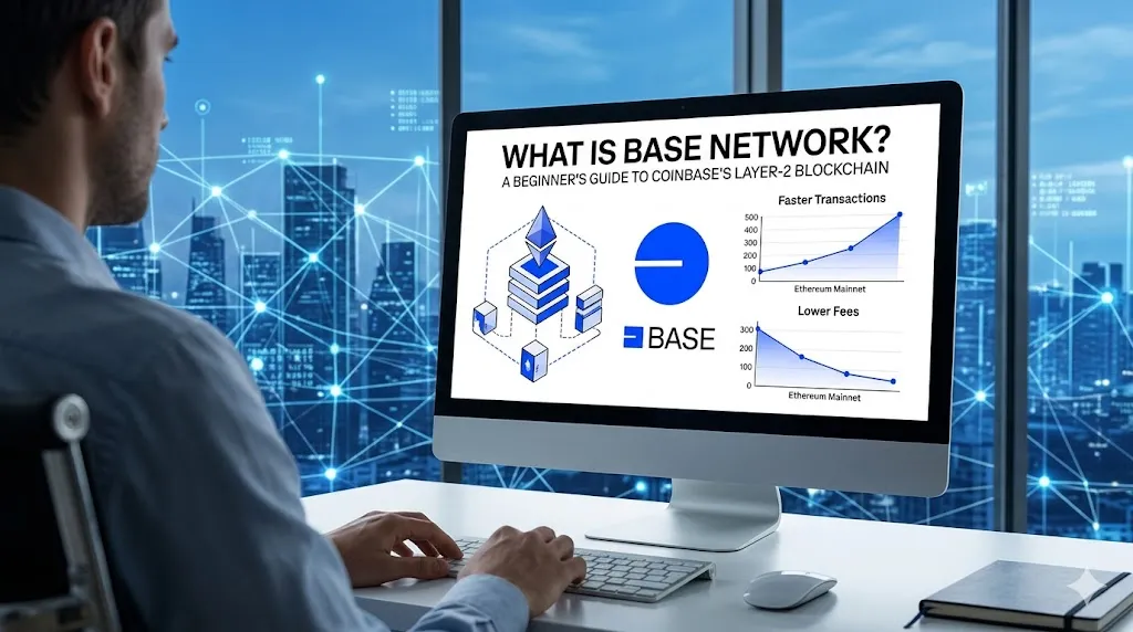 A man at a desk looking at a computer screen displaying an educational graphic titled "What is Base Network? A Beginner's Guide to Coinbase's Layer-2 Blockchain." The screen features the Base logo, an Ethereum blockchain diagram, and line graphs showing faster transactions and lower fees compared to Ethereum Mainnet, set against a futuristic city skyline background.