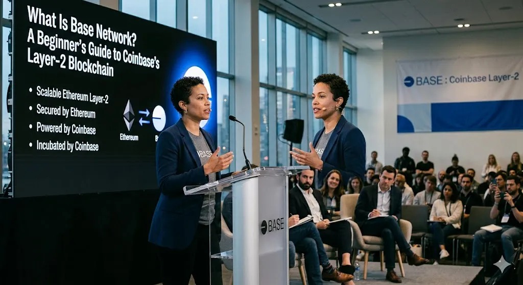 A woman with short, curly hair speaking at a podium during a presentation about Base Network, Coinbase’s Layer-2 blockchain. Behind her, a large screen displays bullet points describing Base as a scalable Ethereum Layer-2 secured by Ethereum and powered by Coinbase. A seated audience watches the presentation in a bright, modern event space.